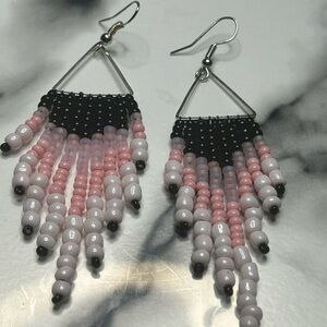 Black, Pink & White Triangle Fringe Earrings